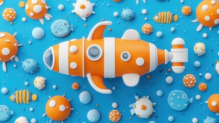 Naklejka premium Submarine exploring the deep ocean, surrounded by marine wildlife, 3D illustration