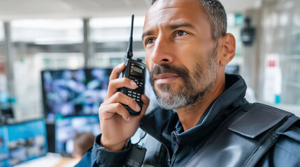 Faceless male security guard with radio speaking, CCTV monitor observation, protection service work, data center safety task, video surveillance agency, defocused control room, wit