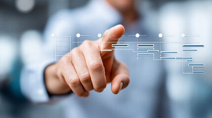 Faceless manager hands on project planning interface, task organization system, business scheduling tools, corporate timeline management, workflow coordination platform, defocused