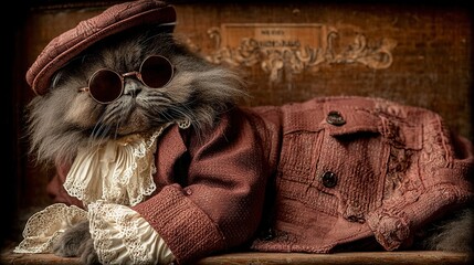 Elegant long-haired cat dressed like a celebrity, posing with retro-style sunglasses  