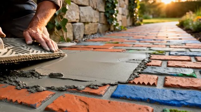 Medium shot of an artisan applying brickpatterned stamped concrete on a garden walkway showcasing detailed texture and vibrant colors