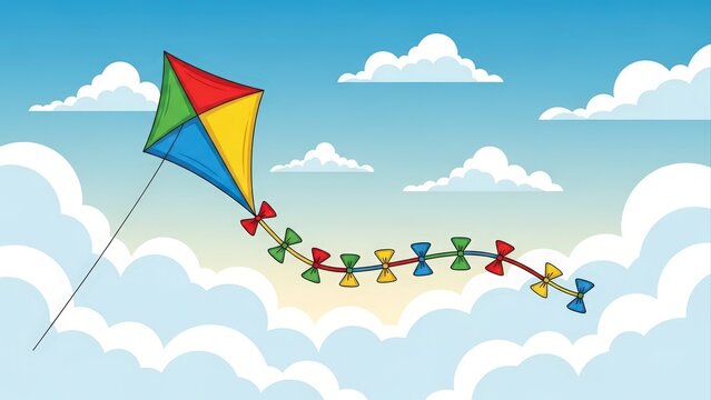 Colorful Kite Flying High in a Bright Blue Sky with Fluffy Clouds.