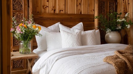 Elegant Nordic-inspired bedroom with white bedding, wooden accents, and fresh flowers  