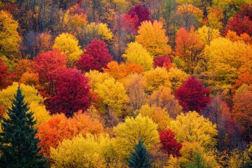 Aerial view of a diverse autumn forest canopy with a spectrum of vibrant fall colors, including red, orange, yellow, and green foliage