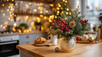 Celebrating Christmas spirit, cozy kitchen holiday, decor warm atmosphere, festive setting joyful, vibes home celebration, display seasonal decoration, interior holiday cheer, defo