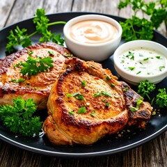 Two cooked pork chops on a plate with sauces