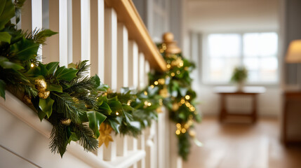 Warm light illuminates, festive staircase decorated, garlands ornaments creating, welcoming atmosphere holiday, season home decoration, display seasonal elegance, interior festive