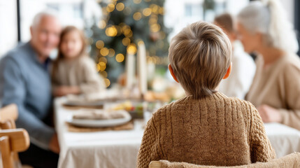 Family sitting Christmas, table holiday dinner, gathering seasonal celebration, display festive meal, together home dining, scene winter tradition, moment family bonding, faceless