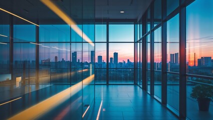 Modern office interior with large windows overlooking a city skyline at sunset