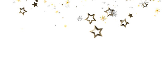 Elegant abstract composition of gold stars and sparkling elements against a clean white backdrop. Perfect for celebratory designs, holiday promo