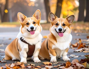 Two corgis in autumn park