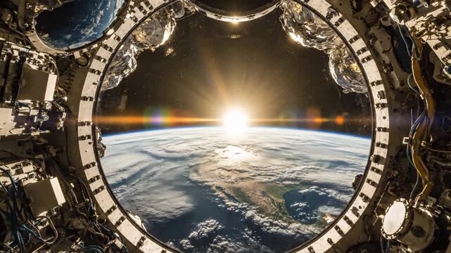 Stunning sunrise viewed from space station window over Earth  