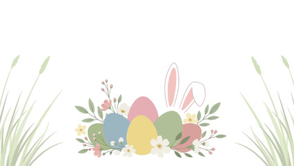 Whimsical easter illustration featuring pastel colored eggs adorned with delicate flowers and subtle bunny ears on a clean white background with grass accents