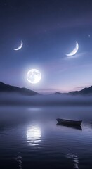 Mystical Lake Scene with Boat and Crescent Moons.
