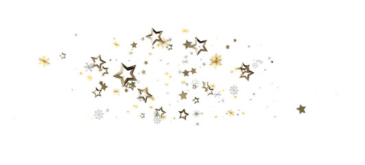Festive golden stars and snowflakes floating on a white background, perfect for holiday and celebration designs, creating joy and happiness.