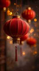 A glowing red Chinese New year lantern with warm golden light shining from inside with more lanterns in the blurred background and bokeh lights 