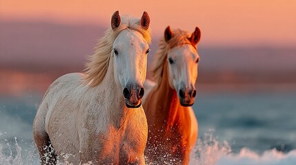 Elegant white stallions charging through sea foam, captured in action with warm sunset tones  