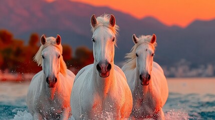 Elegant white stallions charging through sea foam, captured in action with warm sunset tones 
