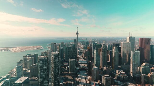 TORONTO, ONTARIO - JANUARY 1, 2025: Winter aerial skyline of downtown Toronto city core