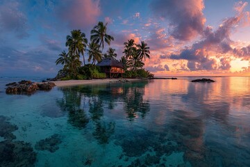 Amazing tropical island paradise with palm trees and crystal-clear waters at sunset