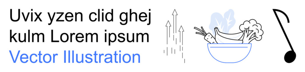 Graphic design, creativity, food ideas, music, growth, data visualization. Features text, arrows bowl of food and a musical note. Creativity and food ideas through simple icons