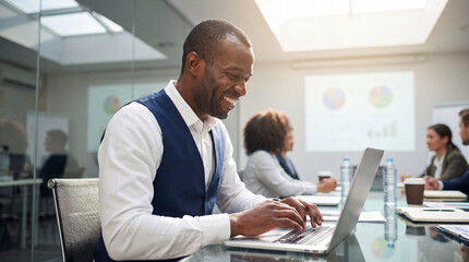 Confident businessman smiling while working on laptop during office meeting with colleagues discussing charts and graphs in background
