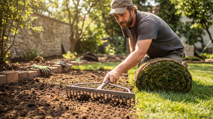 Man kneeling on grass laying turf and raking soil in sunny backyard garden preparing ground for new lawn installation
