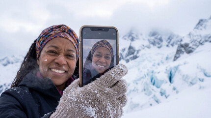 Smiling woman wearing warm clothes takes a selfie in a snowy mountain landscape with glaciers and cloudy sky in the background