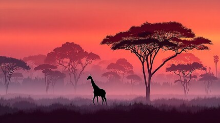 Enchanting safari scene with giraffe illuminated by sunset rays, tranquil nature composition  