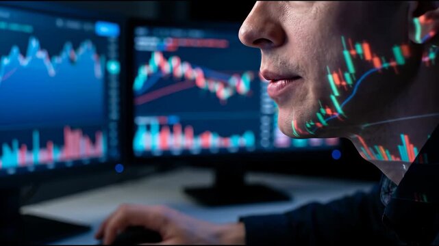 Close-Up of Trader Speaking While Analyzing Stock Charts Reflected on Face with Multiple Monitors Showing Market Data and Price Movement &ndash; Concept of trading commentary and market prediction.