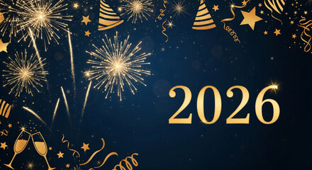 Festive dark blue background with golden fireworks, stars, party hats, and confetti. Image showcases a new year celebration, like the year 2026