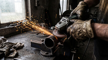 Industrial worker using an angle grinder to cut metal pipe with flying sparks in a workshop during metal fabrication process