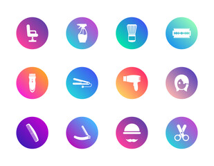 Barber, hairdressing, grooming. Vector set of 12 round gradient icons featuring scissors, razors, clippers, and styling tools for salon UI, branding, and beauty design.