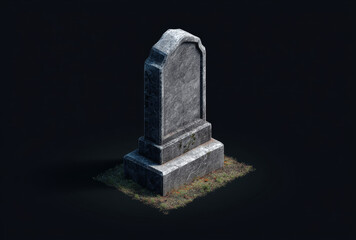 Old weathered grey marble tombstone with a curved top and rectangular base on patch of grass with scattered leaves in dark setting