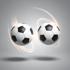 Obraz premium Two soccer balls in motion, encircled by light trails, against a muted gray background