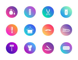 Grooming, personal care, beauty. Vector set of 12 round gradient icons featuring razors, combs, scissors, and styling tools for barber, salon, and hygiene-related UI design.