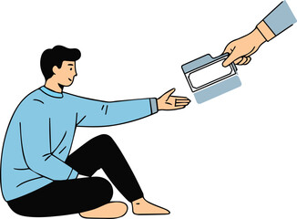 Person receiving digital documents or vital information from a helping hand, illustrating data sharing, assistance, and collaborative information exchange