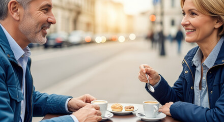 Smiling mature couple enjoying coffee and pastries at an outdoor city cafe, engaging in a cheerful conversation on a sunny day