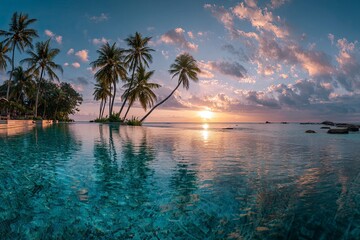Amazing tropical island with palm trees and crystal-clear waters at sunset