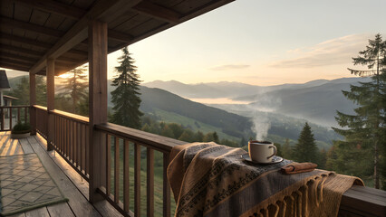 Cozy balcony with steaming coffee cup overlooking mountains at sunrise
