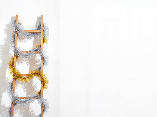 Wooden ladder decorated with silver and gold tinsel on white background  