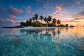 Panoramic view of an amazing island in the Maldives at sunset