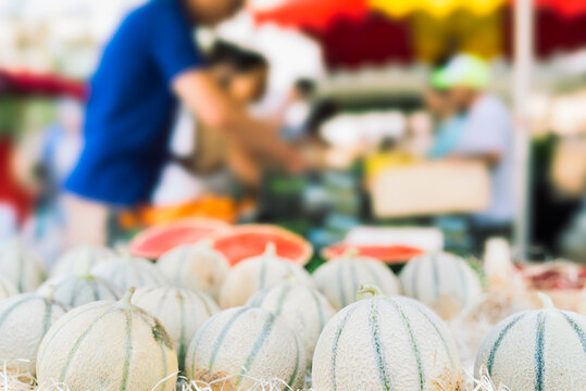Cavaillon melons at a stall in a Provencal market in France