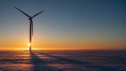 Wind turbine generating energy at sunset over the ocean waves  