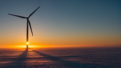 Wind turbine silhouetted against sunset on calm ocean horizon