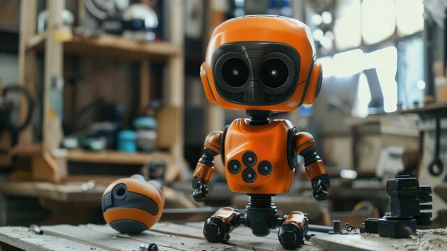 Video A small toy robot sits on a table with a flat surface