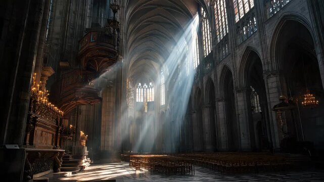 Sunbeams Illuminating Gothic Cathedral Interior