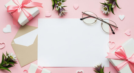 Blank paper surrounded by wrapped gifts flowers hearts envelope and glasses on pastel pink background for message or celebration
