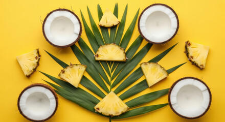Tropical arrangement of coconut halves and pineapple slices on green palm leaves over a bright yellow summer background