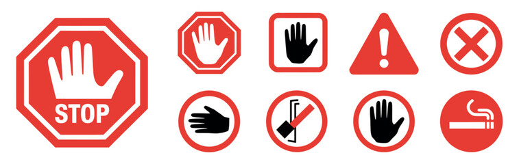 Red Stop Alert Icon Set. Hand Stop Sign, Warning, Prohibition & Danger Symbols